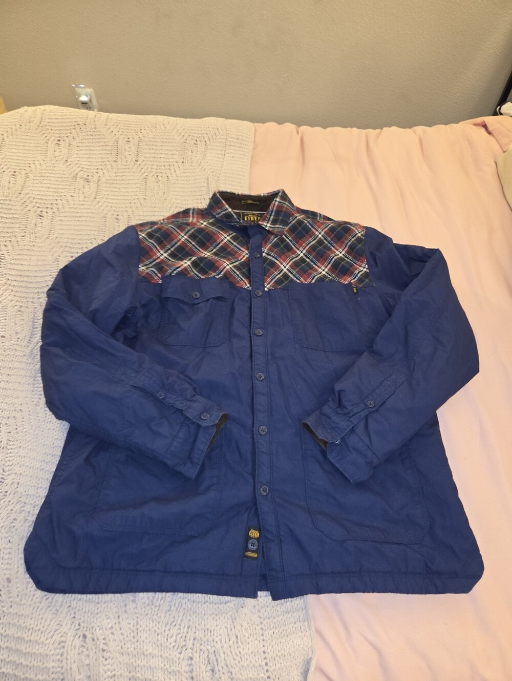 Eiget Men's Blue Button-Up Shirt Jacket with Plaid Yoke
